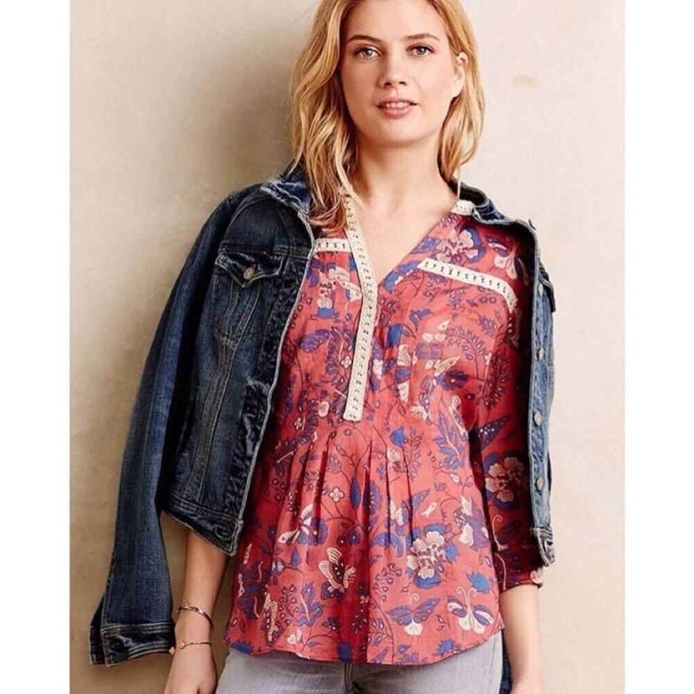 Anthropologie Maeve Women’s 4 Abella Floral Pintuck Blouse Top Roll Tab Sleeve